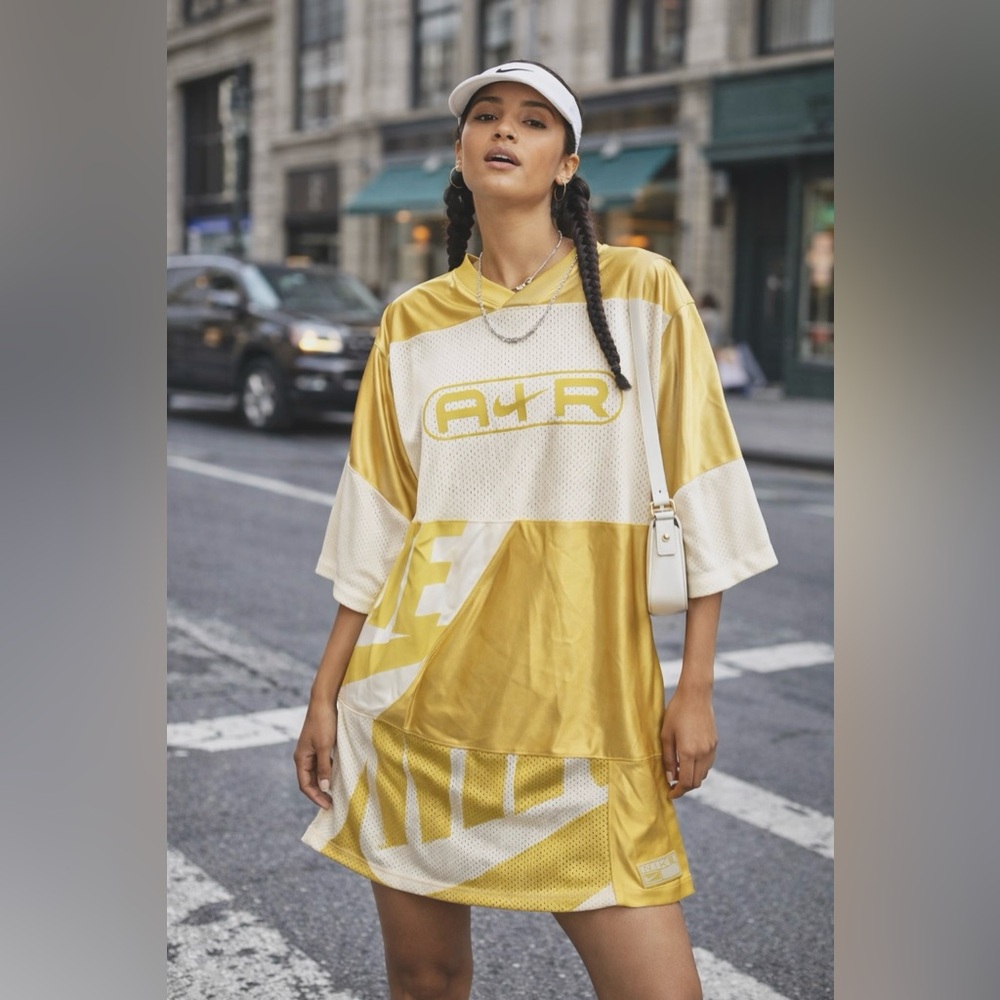 NWT Nike Air Sportswear Jersey Mixed Fabric Oversized Shirt Dress Gold Sz S